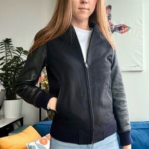 Temple of Jawnz Wool Black Leather Zip Long Sleeve Jacket Petite XS